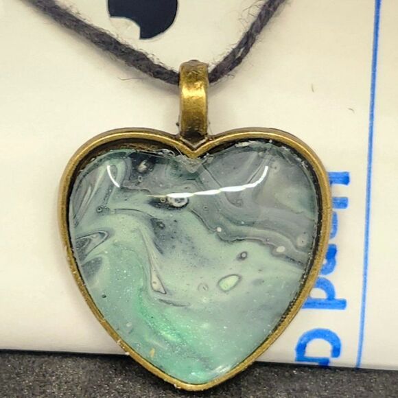 Handmade Medallion Cord Pendant Necklace Unique 1"  Heart on  18"  Black Cord - Picture 1 of 7